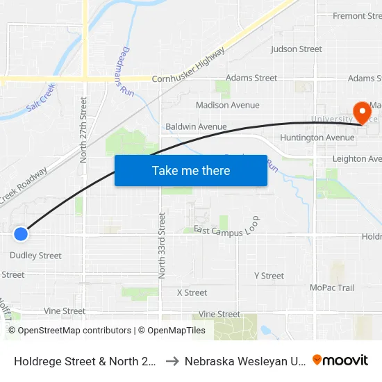 Holdrege Street & North 22nd Street to Nebraska Wesleyan University map