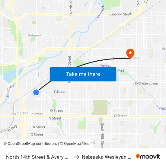 North 14th Street & Avery Avenue, NW to Nebraska Wesleyan University map