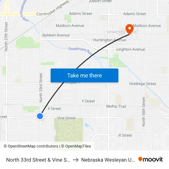 North 33rd Street & Vine Street, NW to Nebraska Wesleyan University map