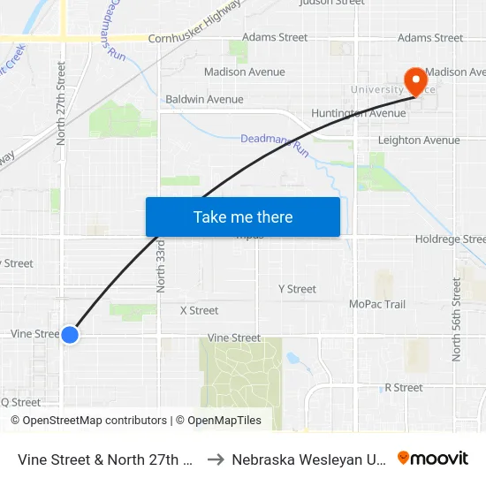 Vine Street & North 27th Street, NE to Nebraska Wesleyan University map