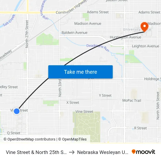 Vine Street & North 25th Street, SW to Nebraska Wesleyan University map