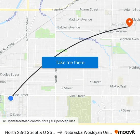 North 23rd Street & U Street, Se to Nebraska Wesleyan University map