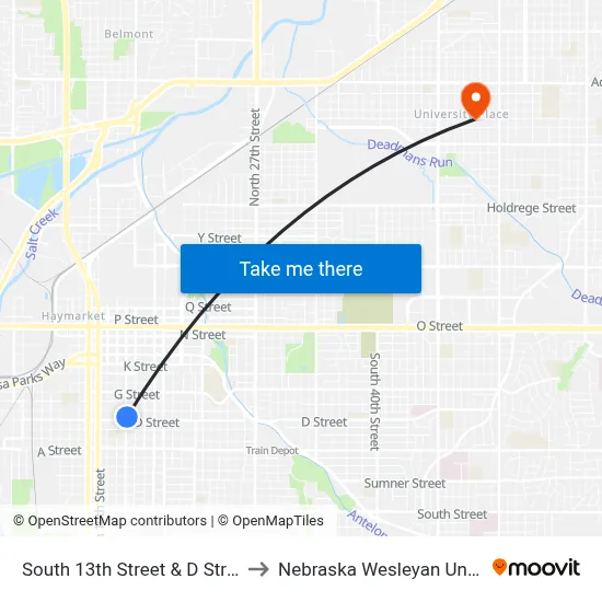 South 13th Street & D Street, NE to Nebraska Wesleyan University map