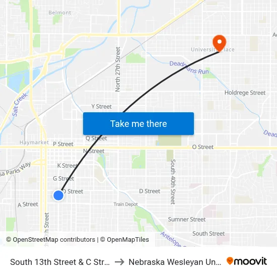 South 13th Street & C Street, SW to Nebraska Wesleyan University map