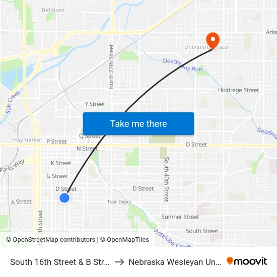 South 16th Street & B Street, SW to Nebraska Wesleyan University map