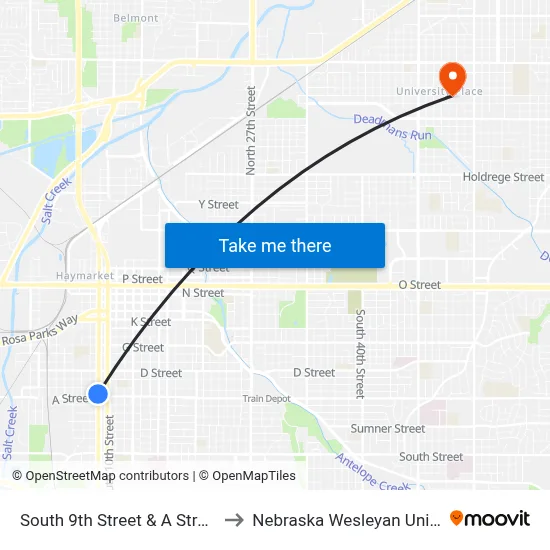 South 9th Street & A Street, NW to Nebraska Wesleyan University map