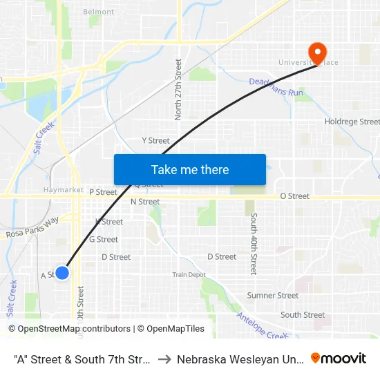 "A" Street & South 7th Street, NW to Nebraska Wesleyan University map