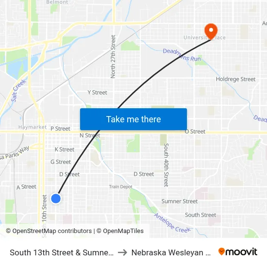 South 13th Street & Sumner Street, Se to Nebraska Wesleyan University map