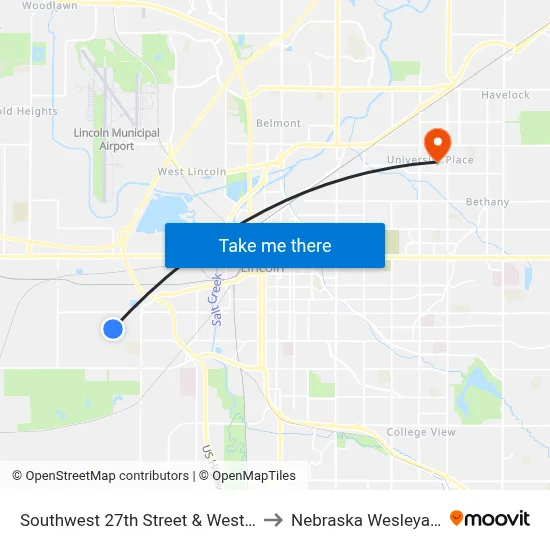 Southwest 27th Street & West Peach Street, NE to Nebraska Wesleyan University map