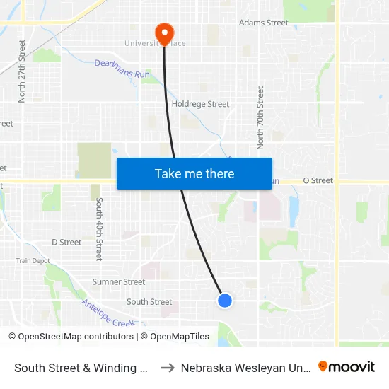 South Street & Winding Way, NW to Nebraska Wesleyan University map