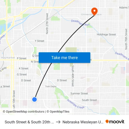 South Street & South 20th Street, NE to Nebraska Wesleyan University map