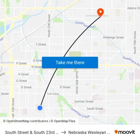 South Street & South 23rd Street, NW to Nebraska Wesleyan University map