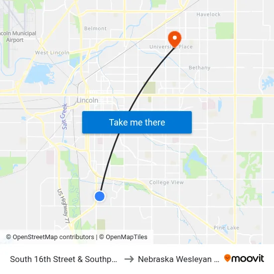 South 16th Street & Southpark Circle, NE to Nebraska Wesleyan University map