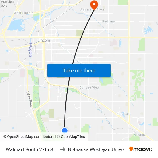 Walmart South 27th Street to Nebraska Wesleyan University map