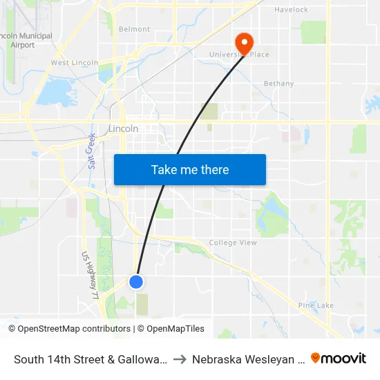 South 14th Street & Galloway Avenue, NE to Nebraska Wesleyan University map