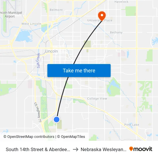 South 14th Street & Aberdeen Avenue, NW to Nebraska Wesleyan University map