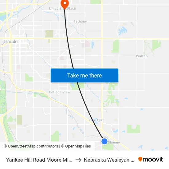 Yankee Hill Road Moore Middle School to Nebraska Wesleyan University map