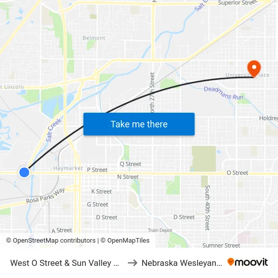 West O Street & Sun Valley Boulevard, NW to Nebraska Wesleyan University map