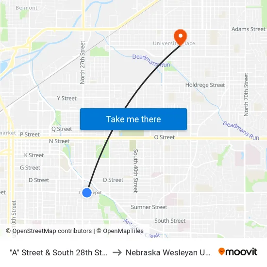 "A" Street & South 28th Street, SW to Nebraska Wesleyan University map