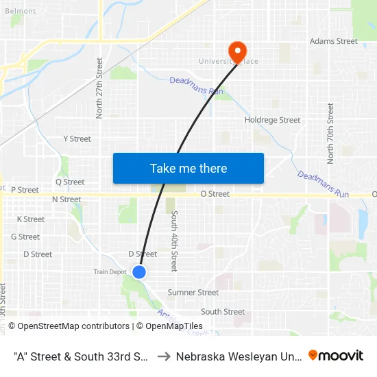 "A" Street & South 33rd Street, Se to Nebraska Wesleyan University map