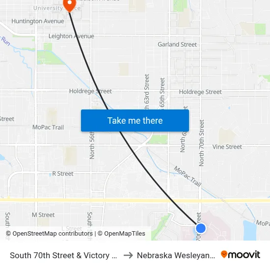 South 70th Street & Victory Park Drive, Se to Nebraska Wesleyan University map