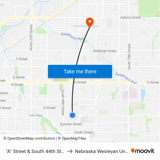 "A" Street & South 44th Street, NE to Nebraska Wesleyan University map