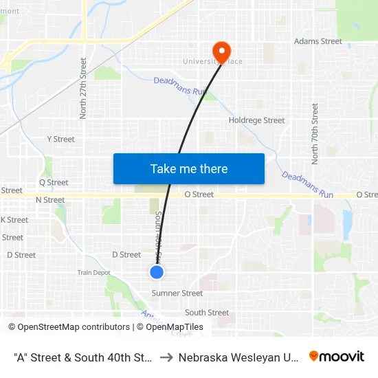 "A" Street & South 40th Street, NW to Nebraska Wesleyan University map