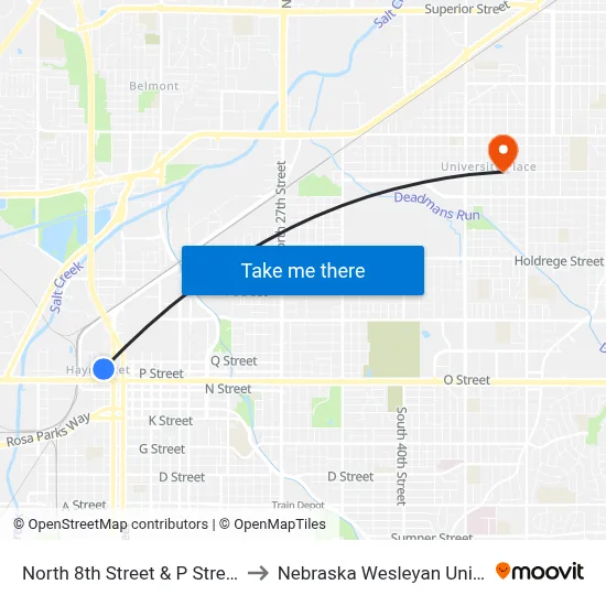 North 8th Street & P Street, NW to Nebraska Wesleyan University map