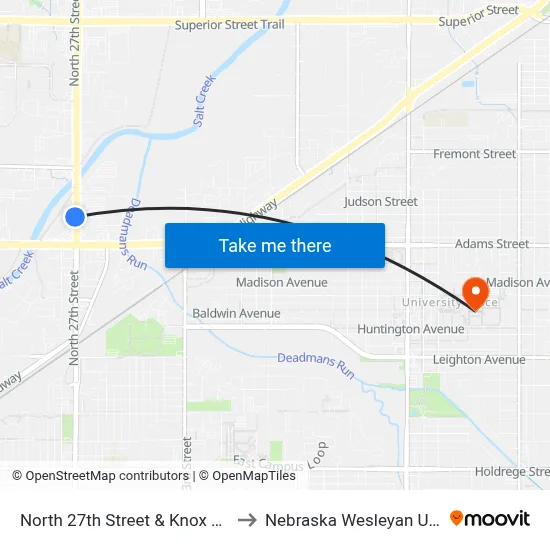 North 27th Street & Knox Street, SW to Nebraska Wesleyan University map