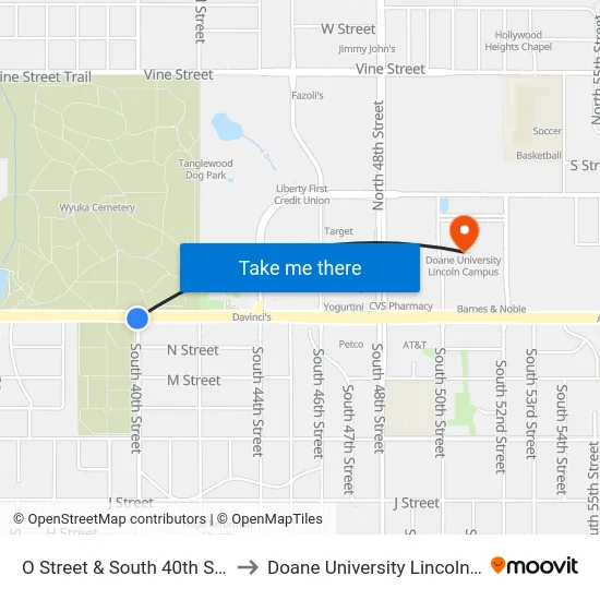 O Street & South 40th Street, SW to Doane University Lincoln Campus map