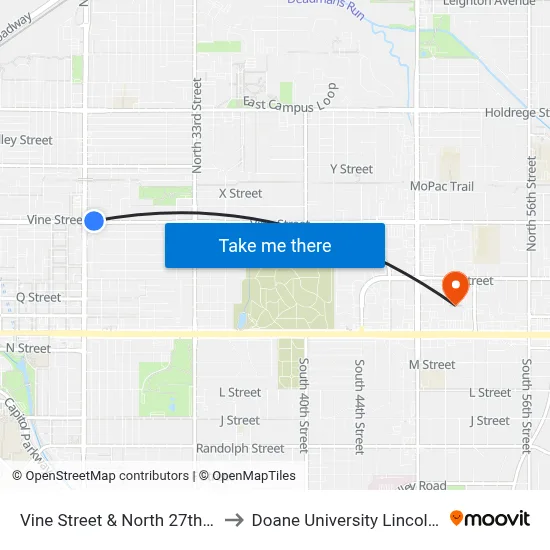 Vine Street & North 27th Street, NE to Doane University Lincoln Campus map