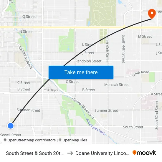 South Street & South 20th Street, NE to Doane University Lincoln Campus map