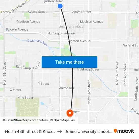 North 48th Street & Knox Street, SW to Doane University Lincoln Campus map