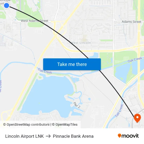 Lincoln Airport LNK to Pinnacle Bank Arena map