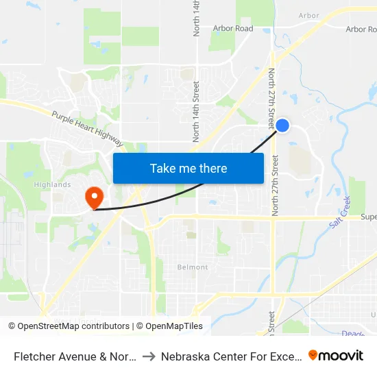 Fletcher Avenue & North 28th Street, NE to Nebraska Center For Excellence In Electronics map