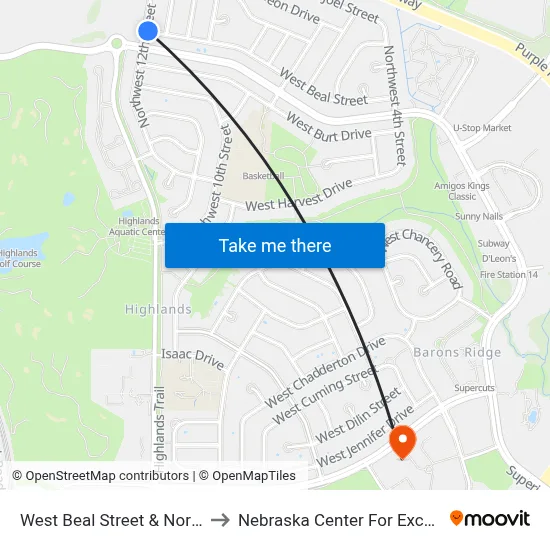 West Beal Street & Northwest 12th Street to Nebraska Center For Excellence In Electronics map