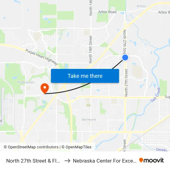 North 27th Street & Fletcher Avenue, SW to Nebraska Center For Excellence In Electronics map