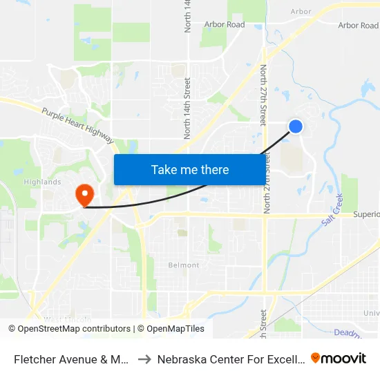 Fletcher Avenue & Meridian Drive, NE to Nebraska Center For Excellence In Electronics map