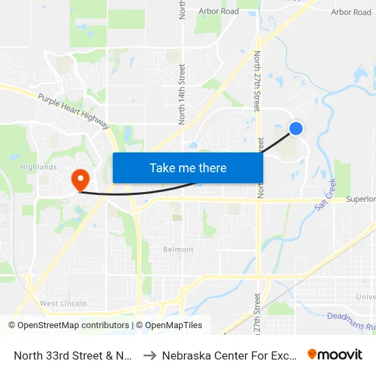 North 33rd Street & North 33rd Circle, NE to Nebraska Center For Excellence In Electronics map