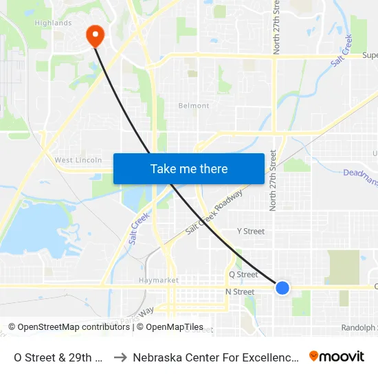 O Street & 29th Street, NE to Nebraska Center For Excellence In Electronics map