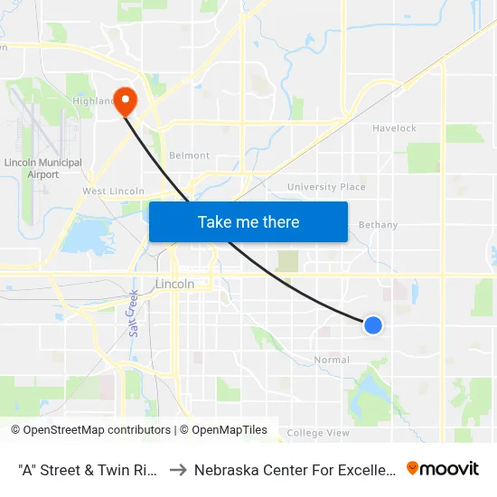 "A" Street & Twin Ridge Road, NE to Nebraska Center For Excellence In Electronics map