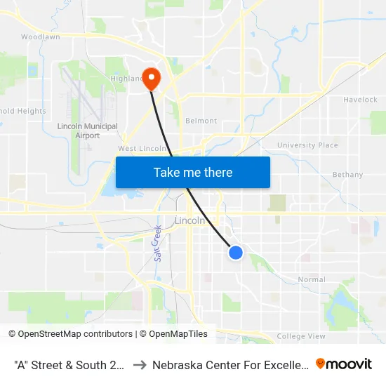 "A" Street & South 25th Street, NE to Nebraska Center For Excellence In Electronics map