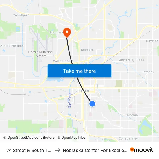"A" Street & South 17th Street, NE to Nebraska Center For Excellence In Electronics map
