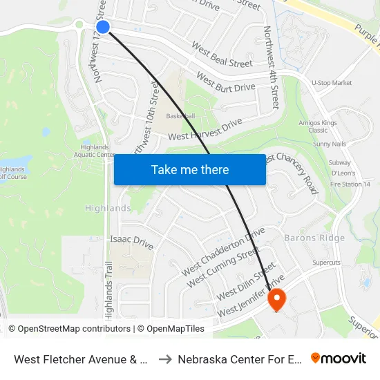 West Fletcher Avenue & Northwest 12th Street, NE to Nebraska Center For Excellence In Electronics map