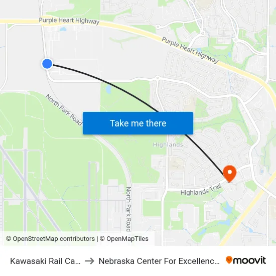 Kawasaki Rail Car Division to Nebraska Center For Excellence In Electronics map