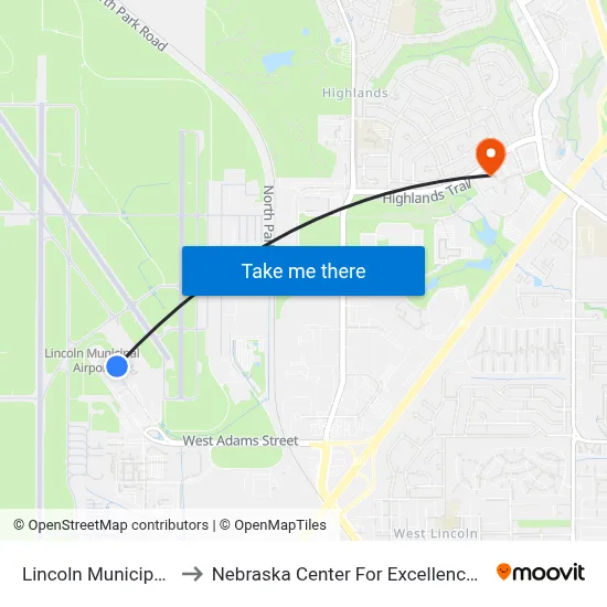 Lincoln Municipal Airport to Nebraska Center For Excellence In Electronics map