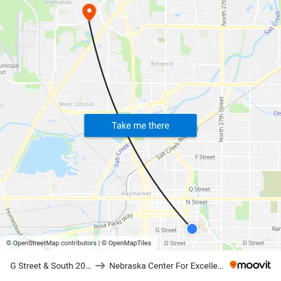 G Street & South 20th Street, NE to Nebraska Center For Excellence In Electronics map