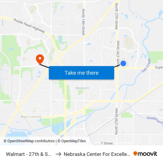 Walmart - 27th & Superior Street to Nebraska Center For Excellence In Electronics map