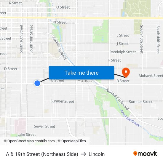 A & 19th Street (Northeast Side) to Lincoln map