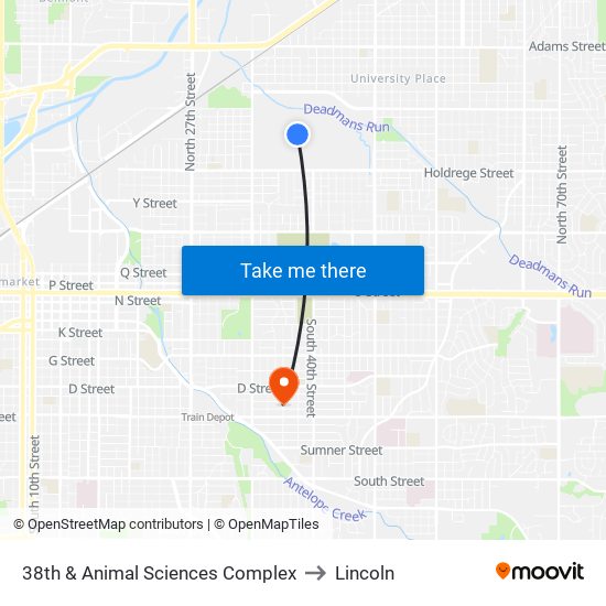 38th & Animal Sciences Complex to Lincoln map